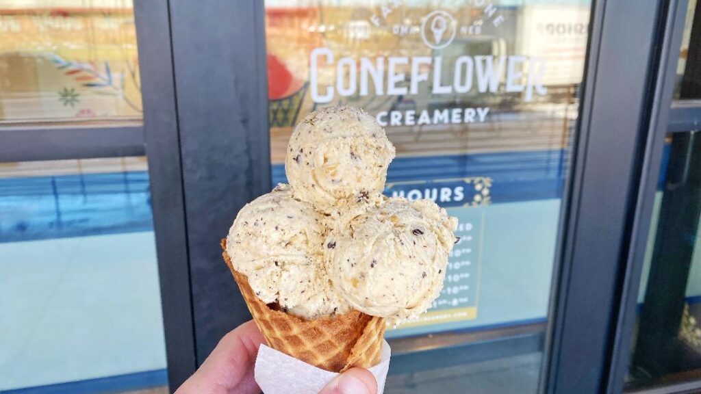 Coneflower Creamery Blackstone Butterbrickle in waffle cone